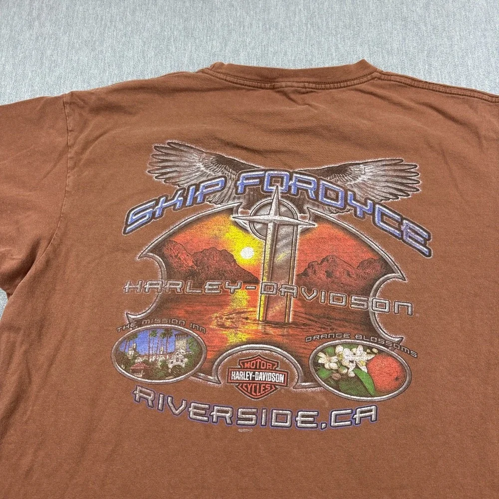 Harley Davidson TShirt Men 2XL XXL Brown Skip Fordyce Riverside Motorcycle Biker